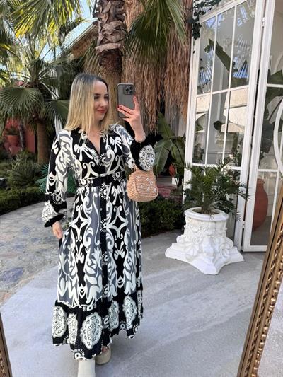 Flora Kemerli Düğmeli  Elbise Siyah
