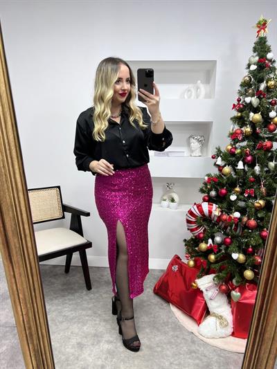 Fuşya Yırtmaç Detaylı Payet Etek