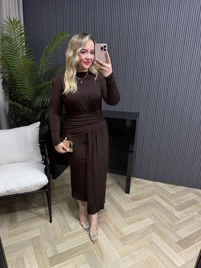 Gallen Özel Tasarım Vatkalı Elbise Kahve