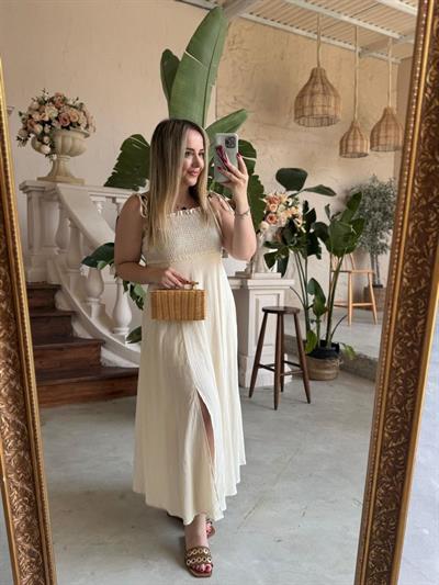 Gipeli Askılı Bej Keten Elbise