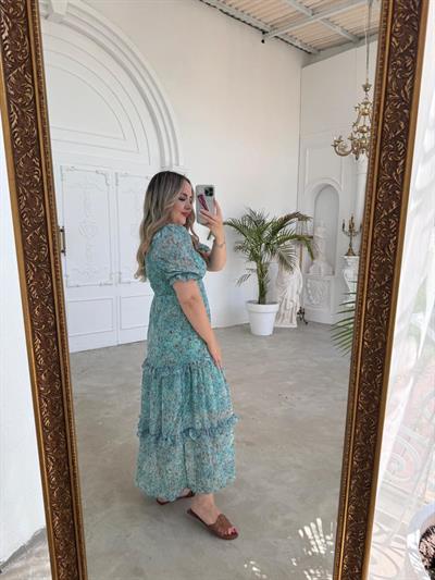 Gipeli Çitir Desen Mavi Şifon Elbise