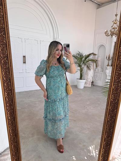 Gipeli Çitir Desen Mavi Şifon Elbise