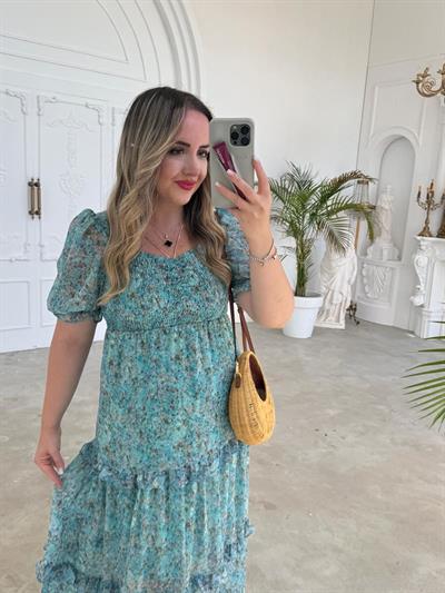 Gipeli Çitir Desen Mavi Şifon Elbise