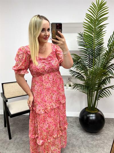 Gipeli Çitir Desen Pembe Şifon Elbise