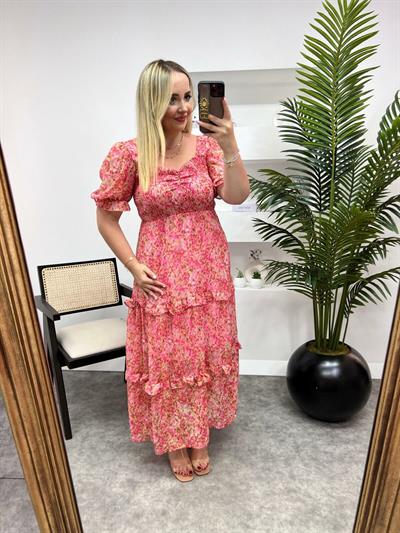 Gipeli Çitir Desen Pembe Şifon Elbise