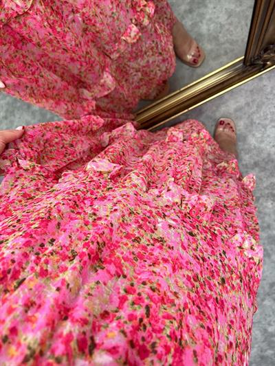 Gipeli Çitir Desen Pembe Şifon Elbise