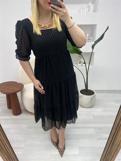 Gipeli Siyah Flok Baskılı Elbise