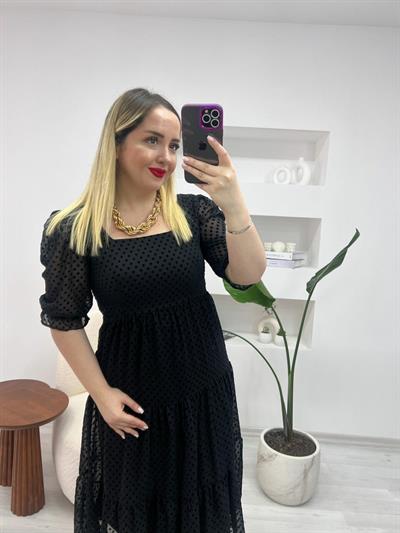 Gipeli Siyah Flok Baskılı Elbise