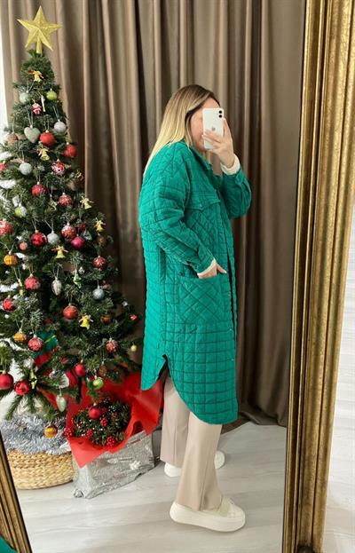 Gofreli Uzun Yeşil Ceket