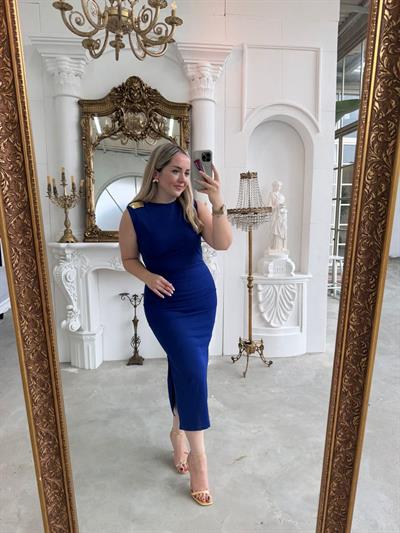 Gold Detay Broşlu Drapeli Krep Elbise Saks Mavi