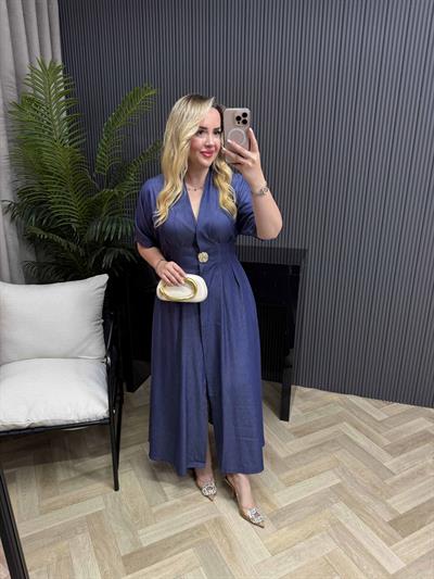 Gold Düğme Detaylı Belden Oturtmalı Tensel Premium Elbise Denim