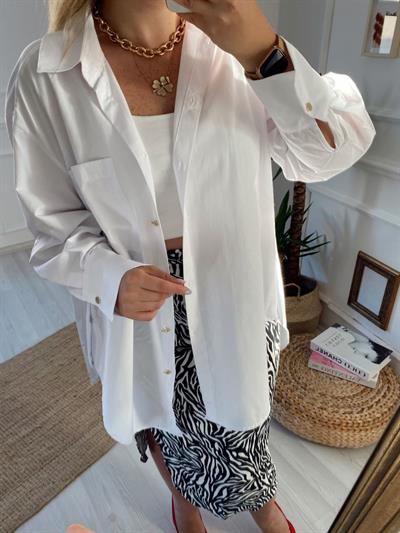 Gold Düğme Detaylı Poplin Gömlek Beyaz