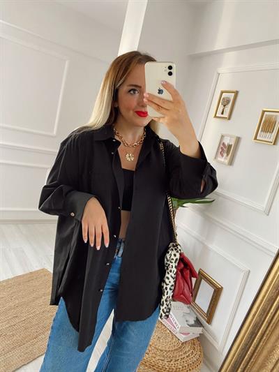 Gold Düğme Detaylı Poplin Gömlek Siyah