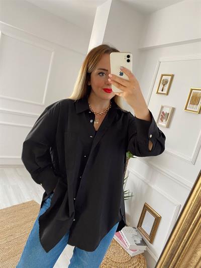 Gold Düğme Detaylı Poplin Gömlek Siyah