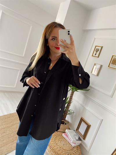 Gold Düğme Detaylı Poplin Gömlek Siyah