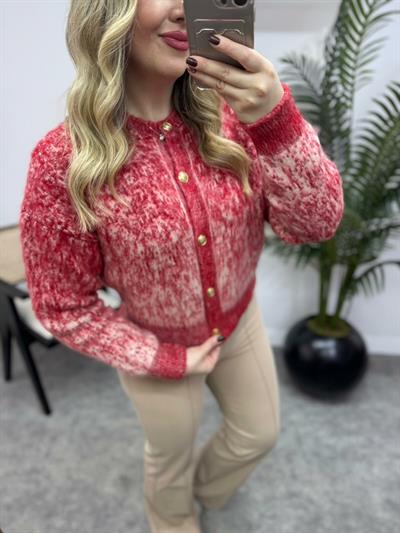 Gold Düğmeli Tasarım Kırmızı Hırka