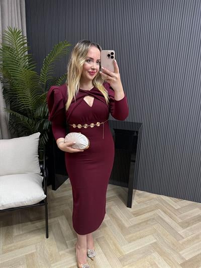 Gold Kemerli Balon Kol Tasarım Elbise Bordo