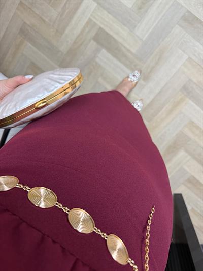 Gold Kemerli Balon Kol Tasarım Elbise Bordo