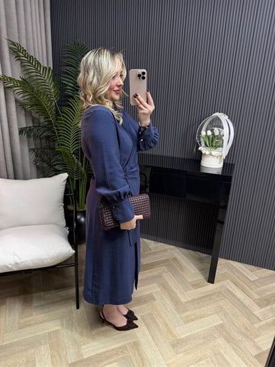 Gold Tokalı Kruvaze Tensel Elbise Lacivert