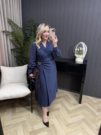 Gold Tokalı Kruvaze Tensel Elbise Lacivert