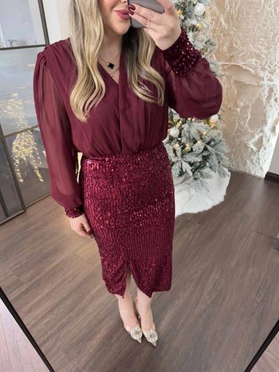 Gömlek Detaylı Ve Payet Etekli Elbise Bordo