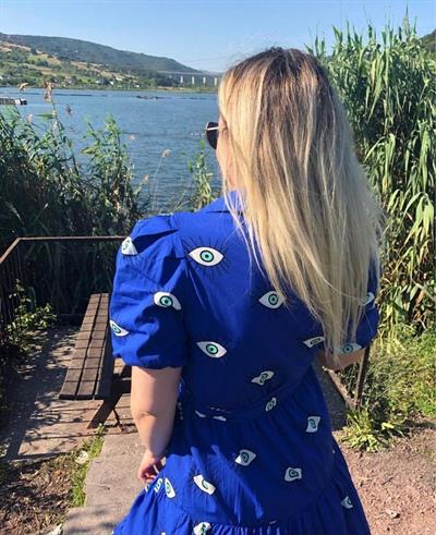 Göz Detaylı Balon Kol Poplin Elbise Mavi
