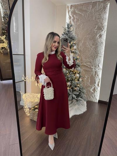Grace Kolları Ve Yakası Pilise Elbise Bordo
