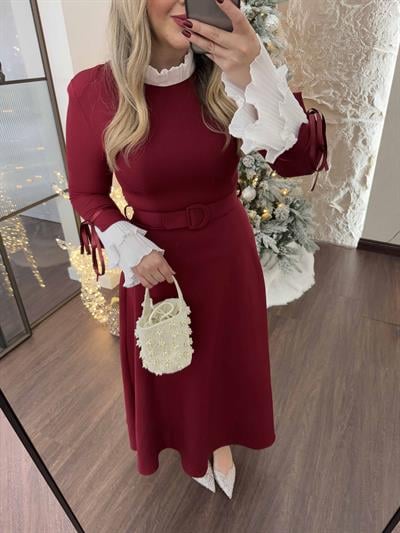 Grace Kolları Ve Yakası Pilise Elbise Bordo