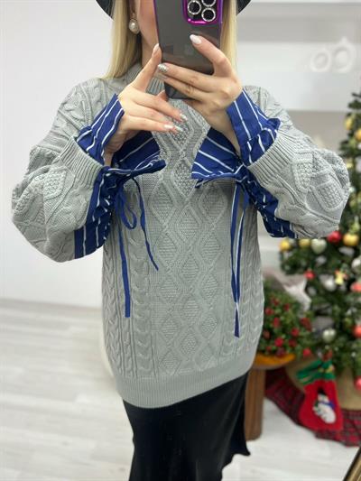 Gri Oversize Gömlek Kol Tasarım Kazak