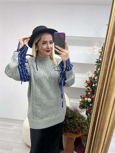 Gri Oversize Gömlek Kol Tasarım Kazak