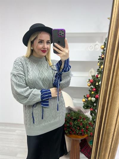 Gri Oversize Gömlek Kol Tasarım Kazak