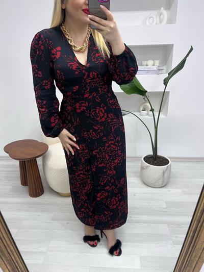 Gül Desenli Orj Marka Eteği Kruvaze Model Elbise