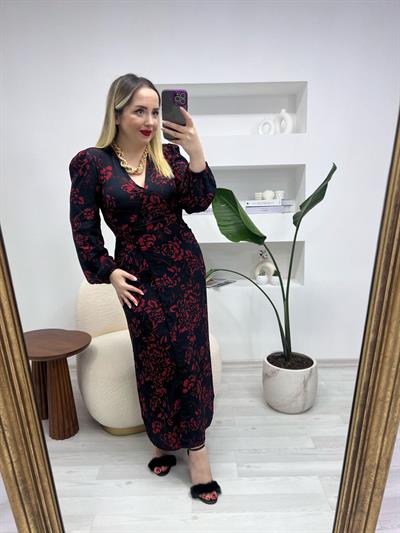 Gül Desenli Orj Marka Eteği Kruvaze Model Elbise