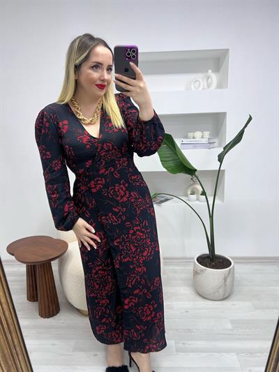 Gül Desenli Orj Marka Eteği Kruvaze Model Elbise