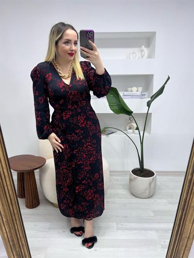 Gül Desenli Orj Marka Eteği Kruvaze Model Elbise