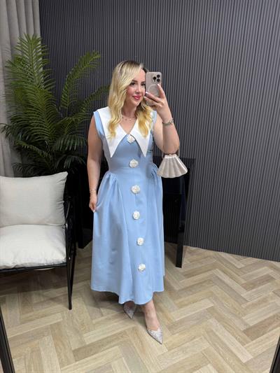 Gül Detaylı Prenses Model Elbise Bebek Mavi