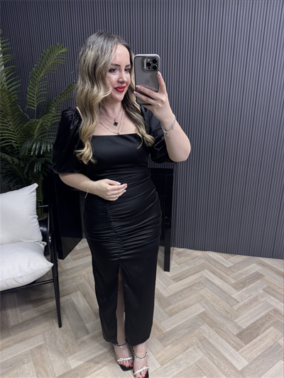 Güldefne Balon Kol Drapeli Özel Saten Kumaş Elbise Siyah