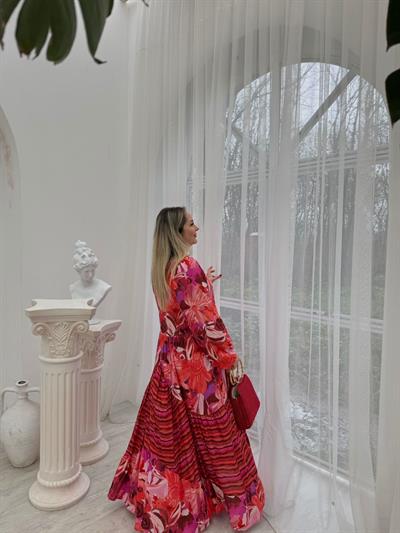 Güliz Model Balon Kol Pembe Desenli Elbise