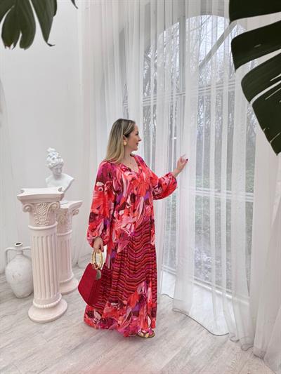 Güliz Model Balon Kol Pembe Desenli Elbise