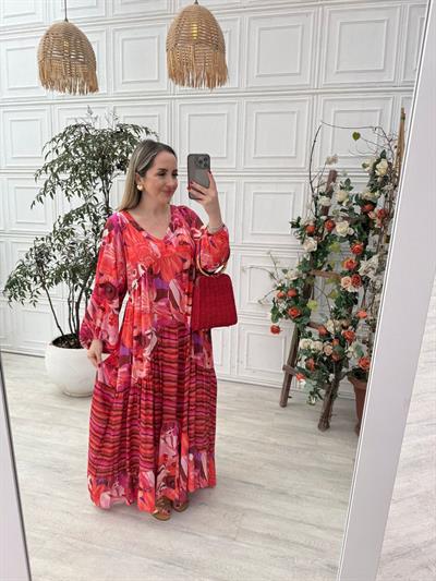 Güliz Model Balon Kol Pembe Desenli Elbise