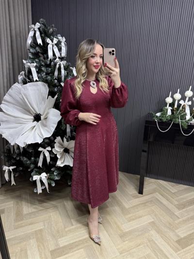 Gümüş Taş Tokalı Kendinden Simli Özel Kumaş Elbise Bordo