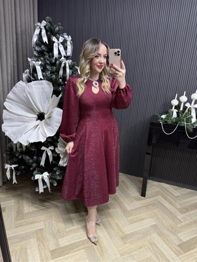 Gümüş Taş Tokalı Kendinden Simli Özel Kumaş Elbise Bordo