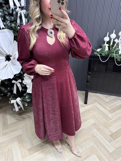 Gümüş Taş Tokalı Kendinden Simli Özel Kumaş Elbise Bordo