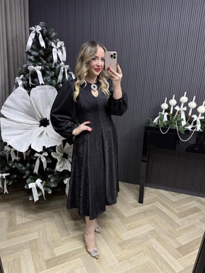Gümüş Taş Tokalı Kendinden Simli Özel Kumaş Elbise Siyah