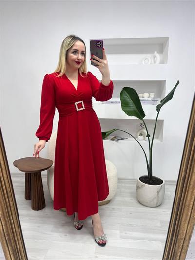 Gümüş Tokalı Prenses Model Elbise Kirmizi