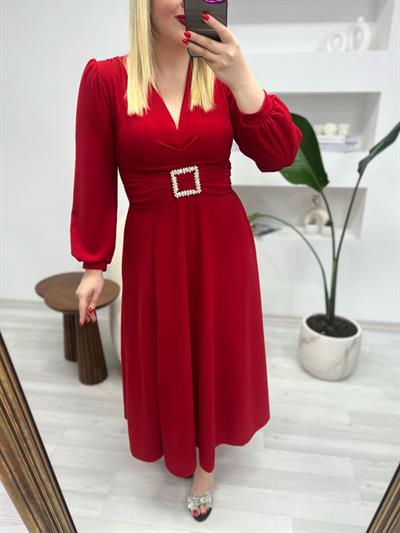 Gümüş Tokalı Prenses Model Elbise Kirmizi
