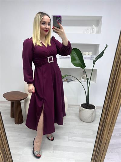 Gümüş Tokalı Prenses Model Elbise Mürdüm