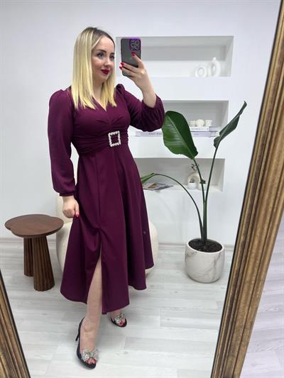 Gümüş Tokalı Prenses Model Elbise Mürdüm