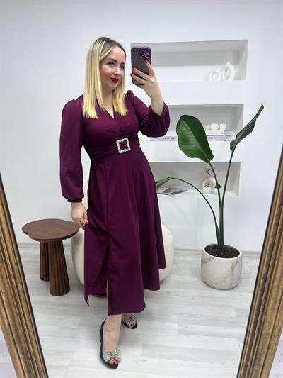 Gümüş Tokalı Prenses Model Elbise Mürdüm
