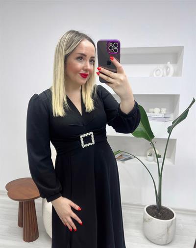 Gümüş Tokalı Prenses Model Elbise Siyah